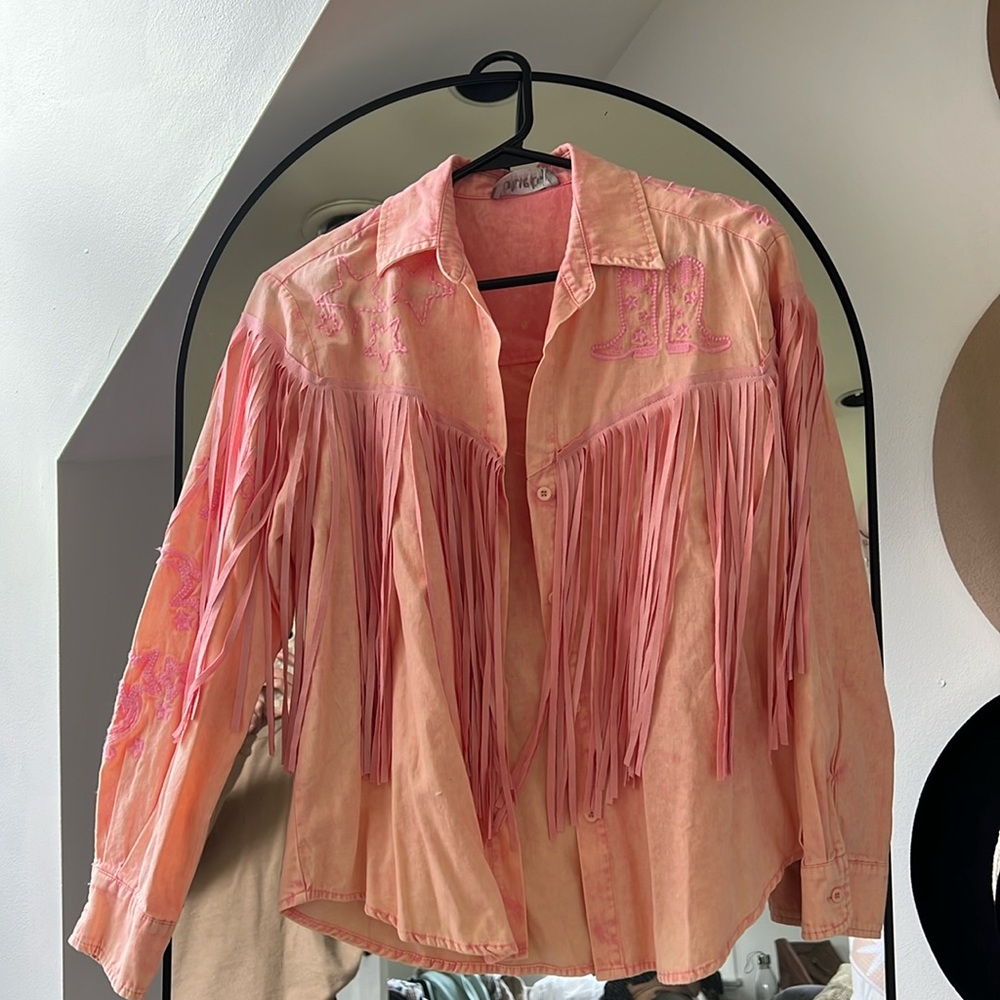 Pink western button up shirt with fringe